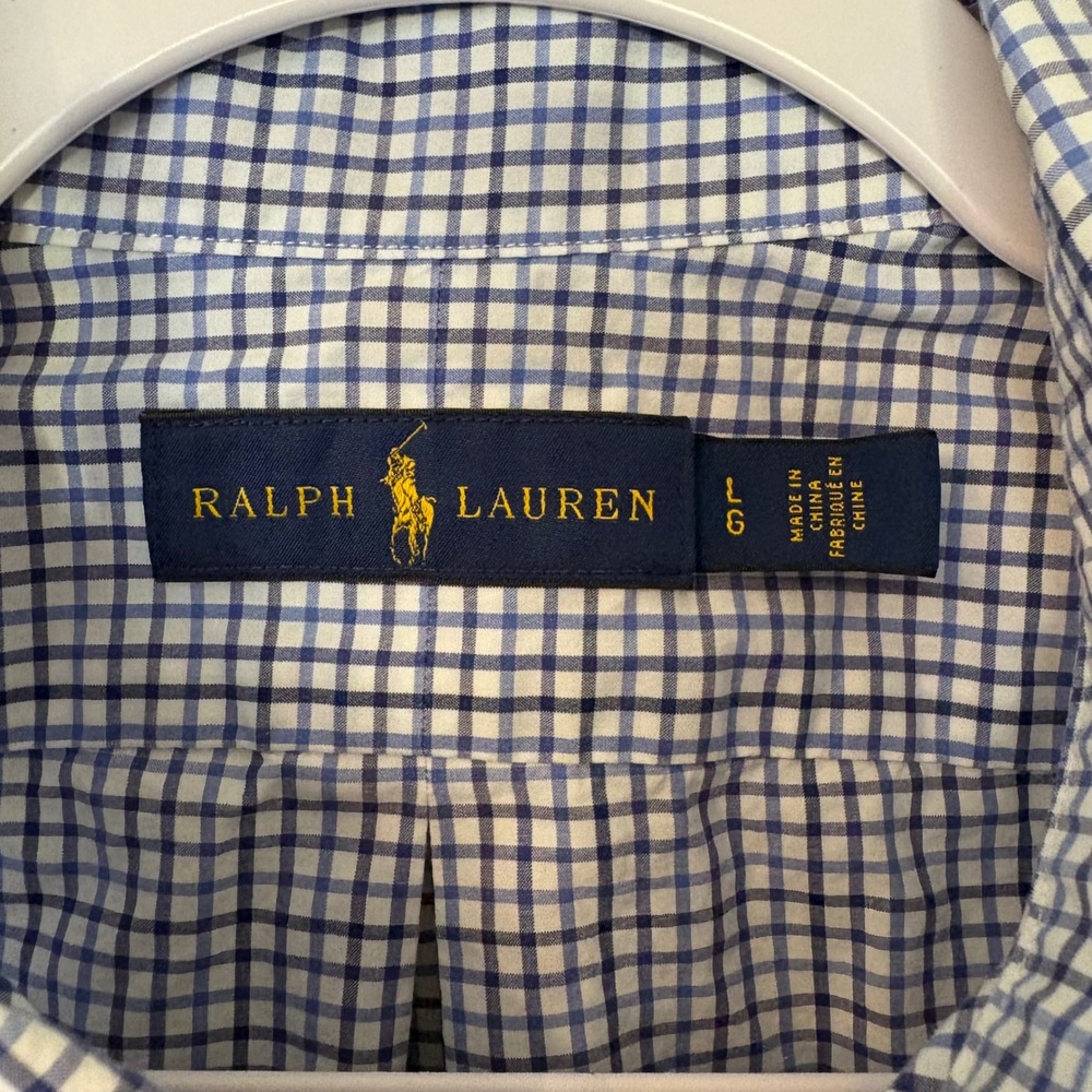 Ralph Lauren‎ Blue White Plaid Collared Button Down Cotton Shirt Men's Large - Picture 2 of 4